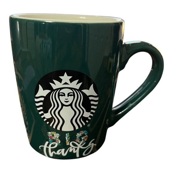 Starbucks 2020 Limited Edition “Thanks” Floral Green Ceramic Coffee Mug by Nestl - Picture 1 of 6